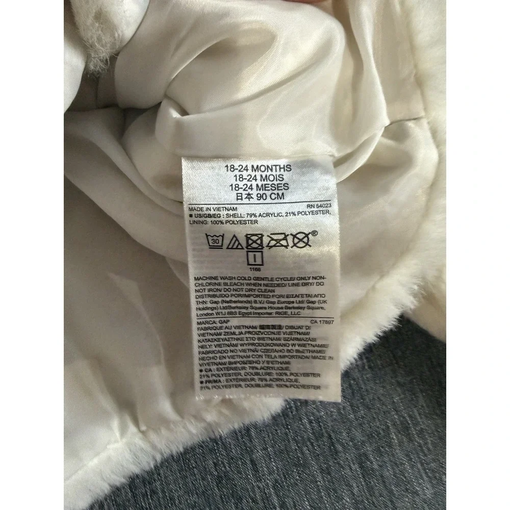Baby Gap Toddler Girls Faux Fur Cream White Cropped Hooded Jacket Sz 18-24 Mths